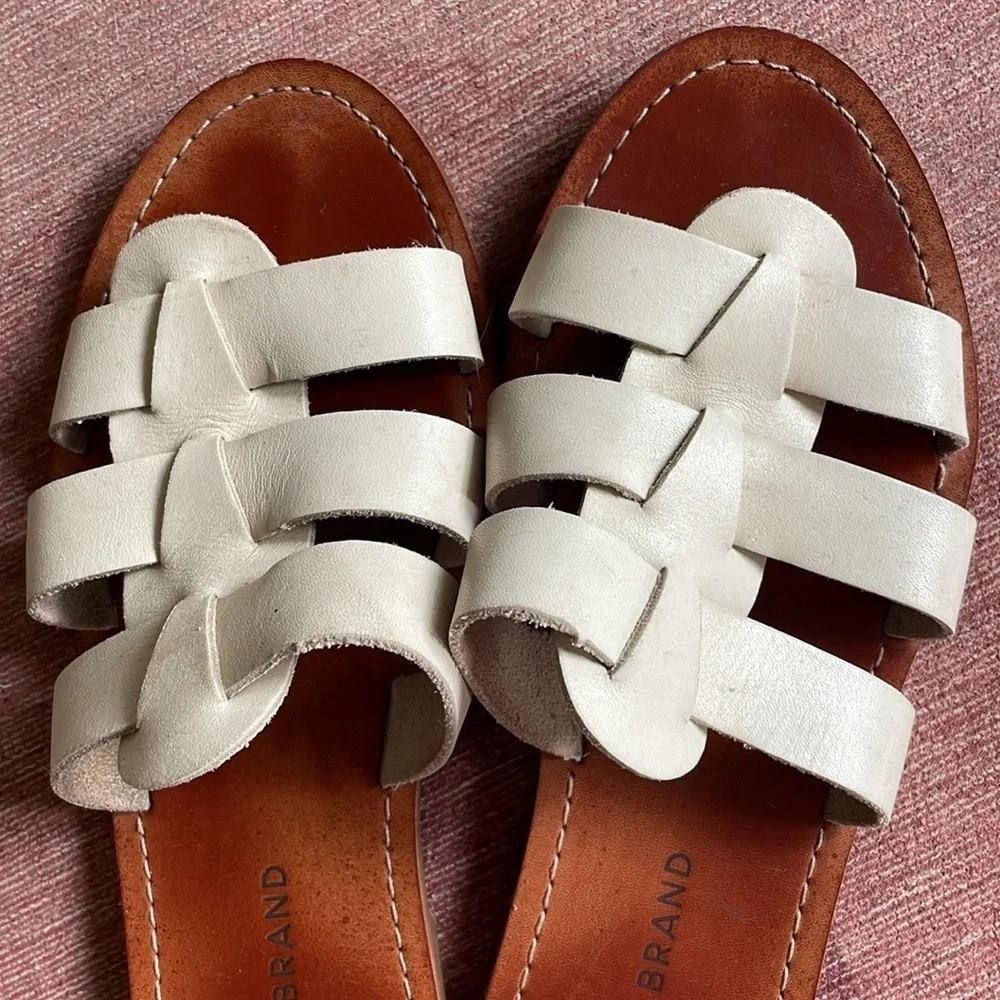 Lucky Brand Aisha Cream Woven Boho Leather Slide Sandals